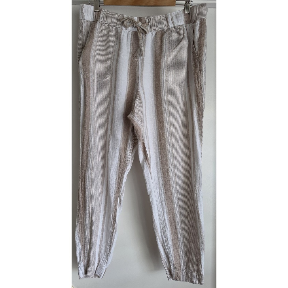 Per Se Women's Striped Linen Pants Size L Tan White Casual Coastal Trousers